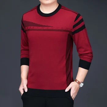 BROWON 2023 Есенно-Зимни Червени Мъжки Пуловер райе с кръгло деколте, Модни Пуловери с дълги ръкави, Корейски дрехи за мъже на средна възраст