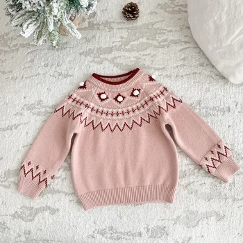 deer jonmi 2023 Зимни Коледни Пуловери за малки момичета в Корейски Стил, Детски дрехи, Коледни Детски Розови Възли, Пуловери, Пуловер