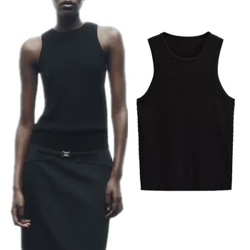Elmsk/ Френски модни Дамски текстурирани трикотажная риза, тениска в черен цвят, проста основна тениска без ръкави, Дамски