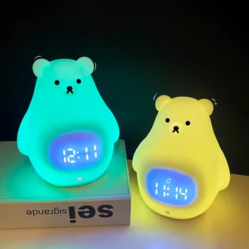 Led Силиконов Мечка Настолна Лампа Сладък Alarm Clock Светлина Деца На Детето Спи Акумулаторна Нощна Лампа Детски Подарък