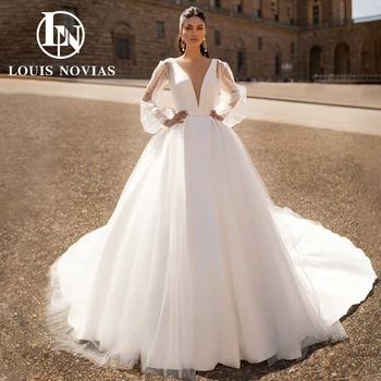 LOUIS NOVIAS Атласное Сватбена рокля За Жени С Шал 2023, Сватбена рокля с V-образно деколте и с Пищни ръкави, Блестящ Тюл, Vestidos De Новия