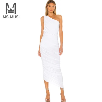 MSMUSI 2023, Ново модно дамско Секси рокля Миди с драпировкой с едно рамо, без ръкави, с отворен гръб, дебнещ, за партита, клубни дейности, Vestidos