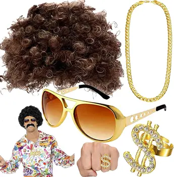 PESENAR Комплект костюми хипи от 4 теми, Комплект слънчеви очила-перуки, Модерен перука в стил афро Перука в стил диско, Слънчеви очила, Аксесоари За хипита, Златна верижка