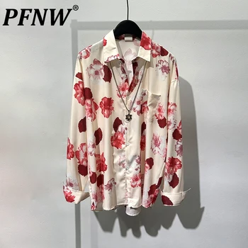 PFNW Летни Мъжки Ризи с Оригинални Цветя Модел, Модни Индивидуалност, Широки Творчески Принт, Y2K Дизайн, Дишащи Върховете 12Z1457