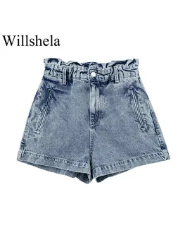 Willshela/ Дамски модни дънкови шорти в синьо с цип отпред, реколта шорти с висока еластична талия, шикозни дамски къси панталони