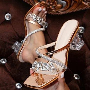 Xibeilove 2023, Летни дамски чехли, Модни Луксозни Сватбени Обувки за младоженци, Златни, PVC, С кристали, банкетни обувки на висок ток