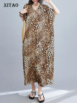 XITAO, Свободно рокля с V-образно деколте, Модерен леопардовый ръкав 