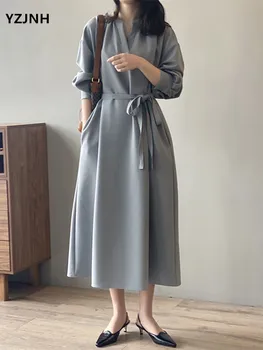 YZJNH 2023, Пролет-есен нова корейска версия, Свободно и Елегантно секси дълга рокля дантела с V-образно деколте