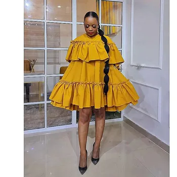 Африканска облекло Дашики Плюс Размера на Жълти Мини Африкански рокли с кръгло деколте и волани За жени, Vestidos Sweet Girl 2023, Новост