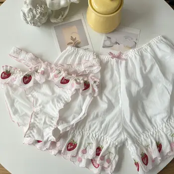 Бродирани апликации ягоди сладки гащи красиви бикини домашно бельо дишащи дамски памучни секси сладък колан, 2 елемента