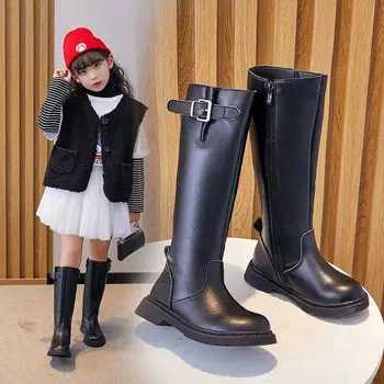 Високи ботуши за момичета, Детски Дълги обувки, колекция от 2023 година, Пролет-есен, Нови черни модерен универсални обувки с цип отстрани, Размер 27-37