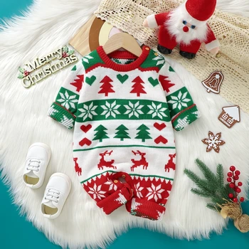 Гащеризон-пуловер за малки момичета и момчета, Коледно облекло, Коледно дърво, принт под формата на снежинки и Елен, кръгъл отвор, Есенни трикотажни боди с дълъг ръкав