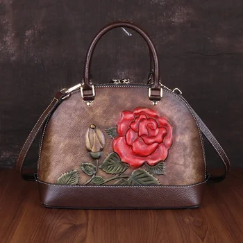 Дамска чанта за през рамото от естествена кожа, Луксозна Дамски Реколта чанта-Месинджър С Отпечатан във формата на Рози, Чанта от естествена кожа