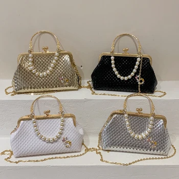 дамска чанта с камъни, 2023, женствена чанта с перлата на мъниста, модни чанти през рамо с метална текстура за жени, чанта-клатч за абитуриентски бал за момичета