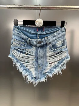 Дамски летни новост 2023 година, Градинска мода за пикантни момичета Y2K, Персонални Дънкови къси панталони с пробиване на кожа покрайнините на две части, Топли Панталони