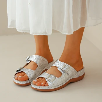 Дамски обувки, Новост 2023 г., летни дамски чехли с отворени пръсти, Удобни чехли на танкетке с двойна катарама, Дамски ежедневни сандали на платформа