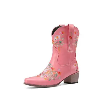 Дамски розови обувки в западен стил, есенно-зимни Нови бродирани къси ботуши с остри пръсти в Голям размер, 41, 42, 43
