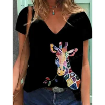 Дамски тениски с 3D принтом Жираф, Женски отгоре с V-образно деколте, Лятна Дамска Тениска с хубаво Шарките на домашни любимци, Ежедневно Модни Свободна С Къс Ръкав