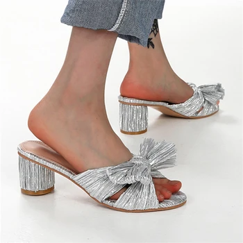 Дамски чехли с лък, Дизайнерски летни сандали-гладиатори на високо масивна ток, на Модела обувки-лодки, Улични джапанки, Дамски плажни пързалки