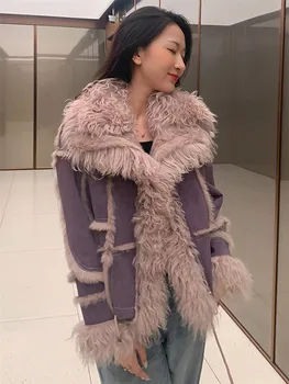 Двустранен дамско палто от естествена домакинството е заек вълна с голям кожа яка, есен-зима, нова дамско палто от естествена кожа Y4281