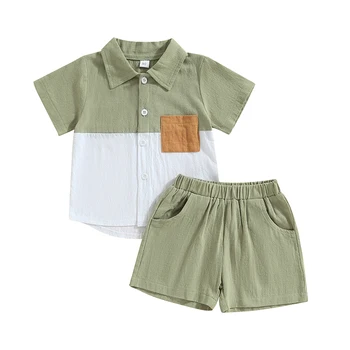 Детски летни дрехи за момчета в контрастен цвят, Блузи с къс ръкав и джоб и отложным яка, обикновена къси панталони, Костюм от 2 теми