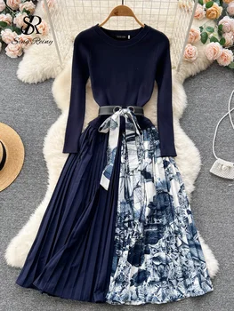 Дълга рокля в стил мозайка от основни тъкани, Дамски пуловер с колан, пуловер, Франция, Елегантна градинска дрехи, дебнещ есен плиссированное рокля трапецовидна форма