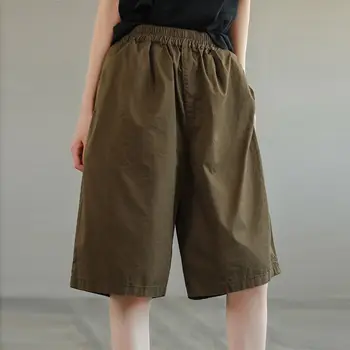 Ежедневни памучни широки къси панталони за жени, модни корейски летни Свободни еластични панталони с висока талия с дължина до коляното, Y2K, плътни джоба