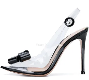 Елегантни Прозрачни обувки-лодка на висок ток от PVC с пеперуда, Секси високи Обувки с отворени пръсти, Прозрачни Лоскутные обувки от черна лачена кожа на тънките токчета