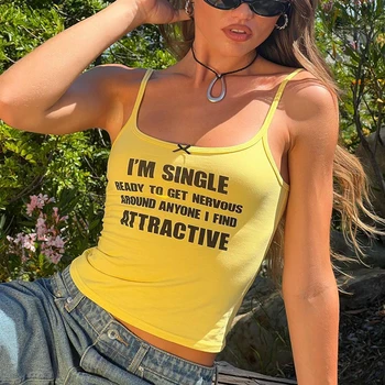 Жълт пънк-секси тениска с корсет, эстетичная градинска дрехи, женски съкратен топ в стил Гръндж с писмото принтом, дрехи Y2k, риза без ръкави за момичета в емо стил