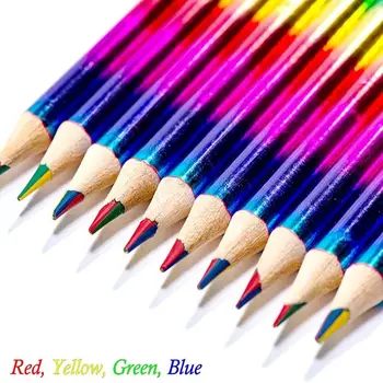 Жълто, 4 цвята в 1, Цветни Моливи за рисуване, Червено, Синьо, Дърво, цветен, Дърво, Зелени, многоцветни, канцелярский молив
