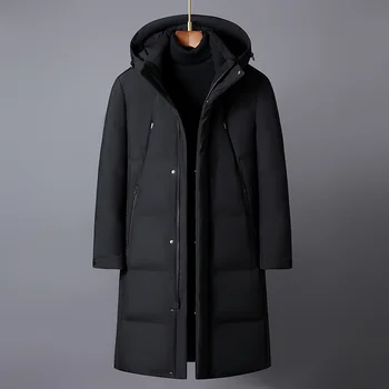 Зимни якета за мъже, марка 2023, Ново, Висококачествено дълго палто в бяло утином топола, мъжко палто с качулка, дебели топли черни паркове