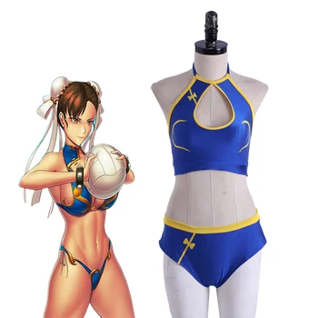 Игра cosplay Chun Li, бански костюми за жени, Секси синьо комплект бикини със шнур на шията, Лятото на плажа в бански костюм за парти, костюми за Хелоуин