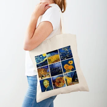 Илюстрирани вестник на Ван Гог, чанта за пазаруване в супермаркет, модерен мультяшная женствена чанта за еднократна употреба, произведения на изкуството дамски чанти за пазаруване