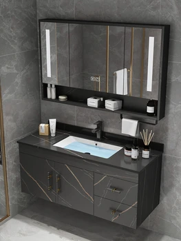 Комбиниран шкаф за баня от масивно дърво, модерен минималистичен масичка за баня, Шкаф за измиване на ръцете, Мивка, Шкаф за баня