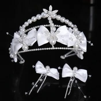 Корейски лък, короната от планински кристал, перлена корона ръчно изработени, сватбена прическа за младоженци, комплект обеци, фотоаксессуар