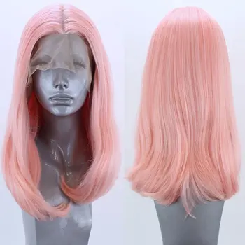 Кратък Персиково розова перука, изработени от синтетична коса за дантели, бесклеевой Права Перука на дантели, Термостойкое влакна За ежедневна употреба от жени