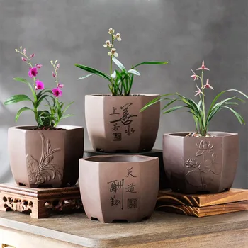 Креативен саксия от лилава глина в китайски стил, многоугольный, Дишаща Ваза с отвор за оттичане, контейнер за саксии, Декори за дома и градината