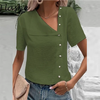 Летни Дамски тениски с копчета с къс ръкав, обикновена ежедневни тениски за жени, Елегантни блузи-пуловери
