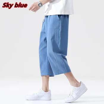 Летни ежедневни панталони 2023, Мъжки Свободни ленени панталони от див памук и лен, трендови прави панталони в корейски стил с девет точки