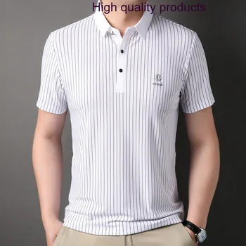 Летни мъжки ризи поло с висока еластичност, Луксозни безшевни тениски на вертикални райета с къс ръкав, бизнес и ежедневни мъжки тениски за голф