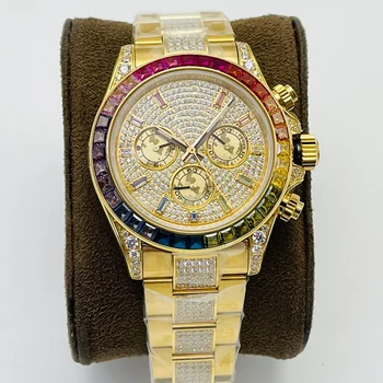 Луксозни Мъжки часовници с диамантена инкрустация, пълнофункционален часовник с автоматичен механизъм 4130, модерен мъжки часовник с блестящи диаманти