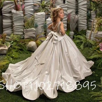 Луксозни Сребърни Рокли Без ръкави, с цветя Модел за Момичета на Сватбата 2023, Празнични Рокли на Принцеси, Бродирани с Пайети, Рокля За Първо Причастие С Лък