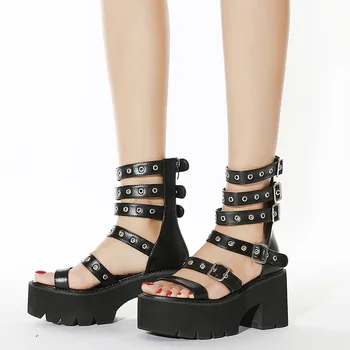 Лятна нова Дамски обувки с висока талия, Трендови Улични сандали в римски стил в стил пънк в дебела подметка, сандали в наклонено обувки, Дамски обувки голям размер E-13