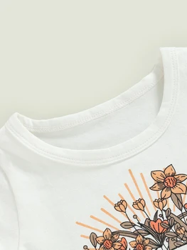 Лятна тениска с къс ръкав и цветна принтом за малки момичета и панталони с волани