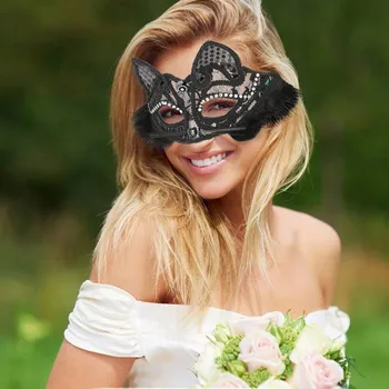 Маскарадная маска на Женската Сексуална, Бяла Черна Лъскава Необичайна Котешка Лейси маска за очи Украса на парти на Принцесата на Хелоуин
