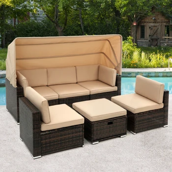 Модерен диван за слънчеви бани на открито от ратан, на едро, стоманена мебели за басейн, шезлонг, метален стол, секционна модулна мека мебел с покрив