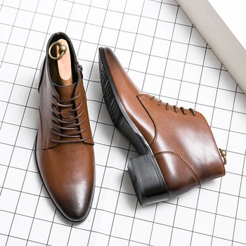 Модерен Класически мъжки обувки от естествена кожа, обувки с висок берцем, мъжки престрелки ботуши за банкет, Мъжки бизнес кожени обувки на среден ток