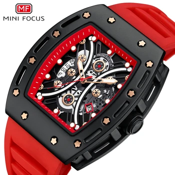 Модерен спортен часовник MINI FOCUS за мъже, на прозореца календар, светещите стрелки, Червен случайни силикон каишка, Водоустойчив кварцов мъжки часовник
