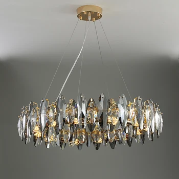 Модерна кристален полилей за всекидневната, Луксозно опушен-сив кристален лампа, Окачена лампа за спални, Златист корпус лампи с кръгла форма