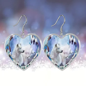 Модерни Стъклени Обици-висулки с Шарките на Бял Вълк, във формата на Сърце, Изискан Бала Нощ, подарък За Рожден Ден, Украса за Момичета, Бижута